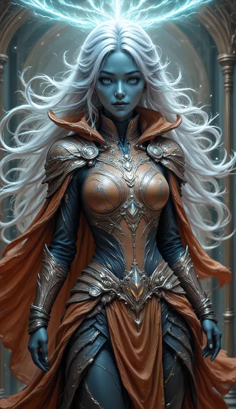 fantasy art, dnd art, RPG art, wide shot, (masterpiece: 1.4) a (portrait: 1.3) intense details, highly detailed, photorealistic, best quality, highres, portrait a female (fantasy art, Masterpiece, best quality: 1.3) ((dark blue skin)), intense details faci...