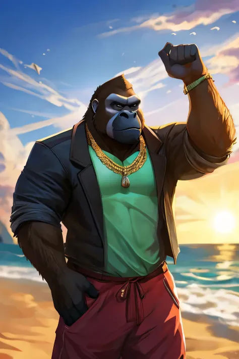 A brown gorilla, a charismatic character hailing from the Grand Theft Auto game universe, towers in full height on the sun-kissed beach. Dressed in a vibrant, colorful Hawaiian shirt, his muscular frame is accentuated by the soft, golden light filtering th...