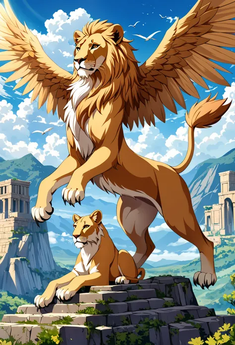 lioness griffin, anthro, female, mytical creature, majestic, powerful wings, lioness body, olhar fierce, Sharp claws, pity, bico dourado, large size, flying,pussy, pussy focus, Mountains, Cloudy sky, ancient ruins, fantasy kingdom, Mythical landscape, epic...