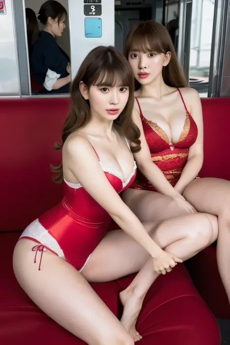 Two Girls, , Best Quality, Ultra-high resolution, bare shoulders, Red Chinese Dress, Chinese clothing, Short dress, The chest is open, Side Boober Barbossa, Thighs Thighs Thighs Thighs,White patent leather underwear, Inside the train, Sitting, whole body, ...