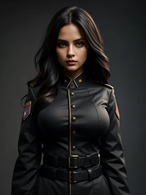 Gigantic breasts, 1girl, military, uniform, military uniform, solo, black hair, buttons, grey background, long hair, looking at viewer, lips, upper body, belt, simple background, realistic, arms at sides, jacket.  (perfect details:1.1), (beautiful and clea...