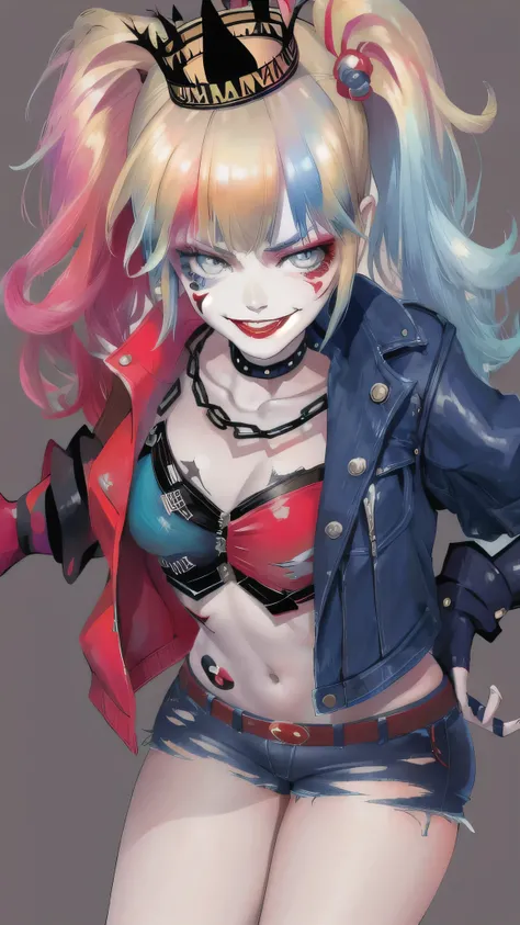 Harley quinn, jacket, sexy, denim shorts, crown, 