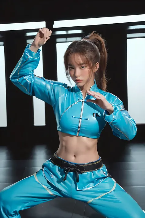 (((highest quality, 8k, masterpiece:1.3)), 1girl, fighter pose, (( futuristic kung fu clothing)), toned body, ponytail, track pa...