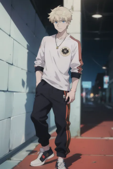 draw a male human being, a German male with a diamond-shaped face, blue eyes and blond hair wearing a wide-sleeved shirt that has black and red stripes, pants and all star sneakers and with the downtown fashion style in anime drawing style