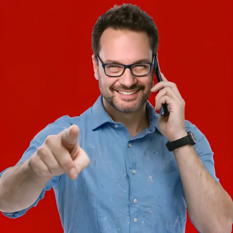 smiling man in blue shirt talking on cell phone and pointing at camera, in red background, on a red background, with pointing finger, he is holding a smartphone, advertising photo, red mood in background, doug walker, cool marketing photo, solid background...