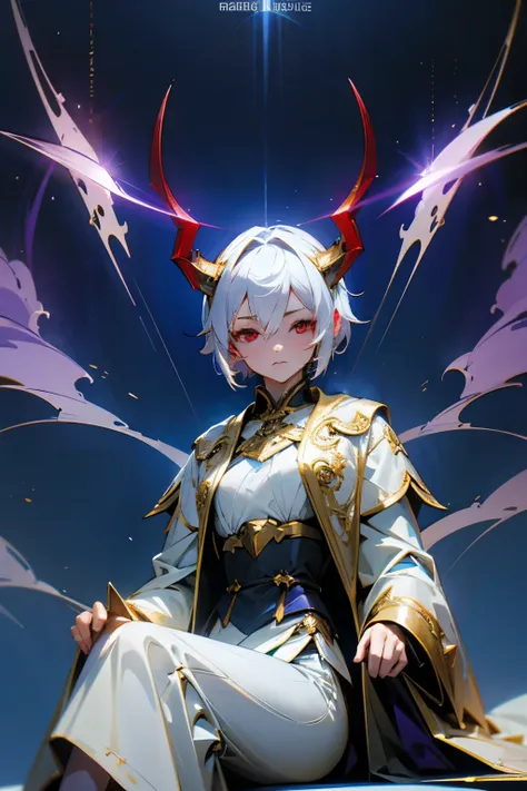 1girl, mature, sitting, blue background, short white hair, cinematic, ethereal, cinematic light, white clothes, gold, white background, demon, red eyes, face focus, demon horns, purple light