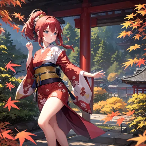 autumn,Japanese style,landscape,Red Hair,girl,ponytail,Maple leaves are dancing