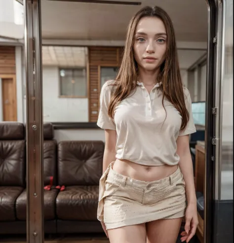 RAW photo, (a portrait photo of a woman: 1.2), low light, ((in bus: 1.1)), (highly detailed skin: 1.1), detailed eyes, 8k uhd, dslr, soft lighting, best quality, grainy film, Fujifilm, Beautiful. polo shirt, miniskirt, model legs, (High class: 1.1) (photo ...