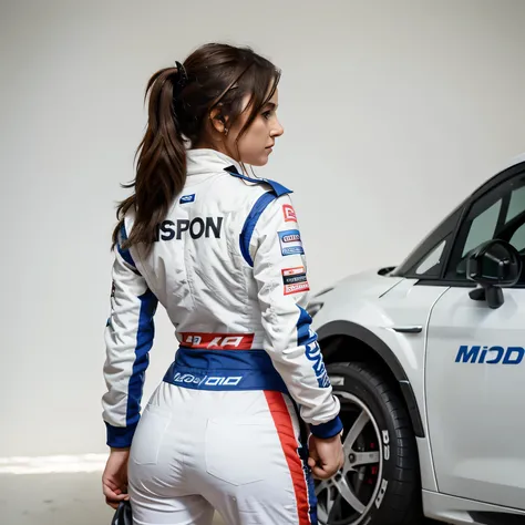 female racing driver in motorsport clothing raising a cup seen from behind with white background