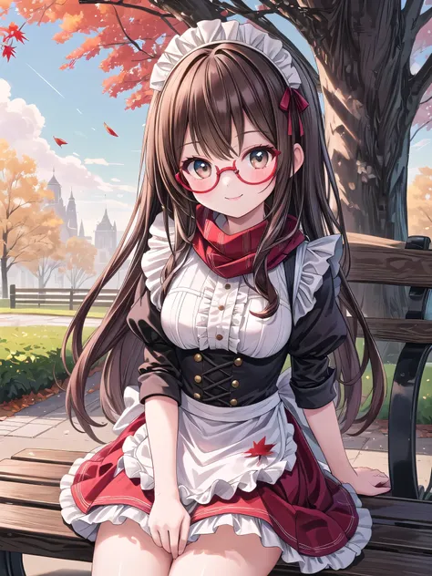 super fine illustration, 
an extremely cute and beautiful girl, cute smile, 
She is sitting on a park bench, 
She elegantly lays her hands on her knees, 
She holds a red woolen scarf in her hand, 
Red fallen leaves are dancing, 
highly detailed beautiful f...