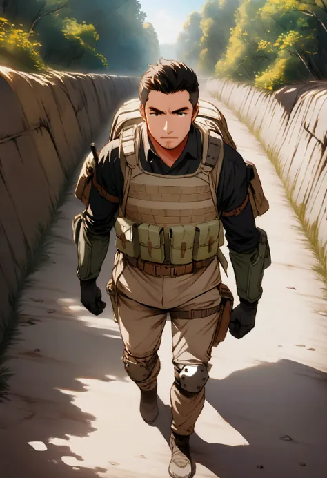 a man in military uniform is walking along the path, artwork in the style of guvaiz, cool anime 8k, Murata and Artgerm range, Makoto Shinkai ( apex legends ), soldier, guvaiz, rugged soldier, Chris Redfield, official art, smooth anime cg art, high quality ...