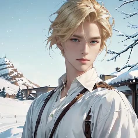 blond haired man with green eyes and a white shirt in the snow, detailed digital art, handsome guy in demon slayer art, stunning digital illustration, beautiful digital artwork, realistic anime artstyle, artwork in the style of guweiz