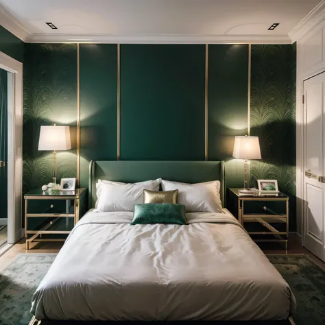 Luxurious modern bedroom with a sleek double bed, stylish bedside tables, elegant mirrored table, chic closet, fashionable lamps, and warm diffused lighting, on the wall photo wallpaper with nature, all in emerald colors, creating a pleasant atmosphere.