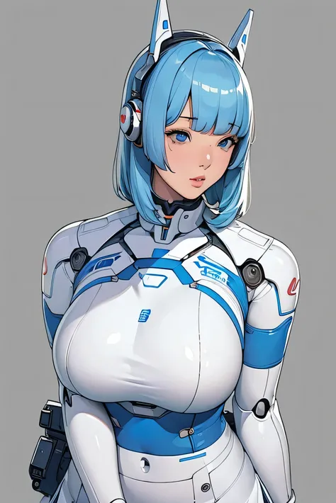 masterpiece, best quality, extremely detailed, Japanese android girl,Plump,chubby,control panels,robot arms,robot,android,cyborg,white robot body,ceramic body,perfect robot girl,blunt bangs,robot repair plant,chubby,skirt,blue eyes,office-lady