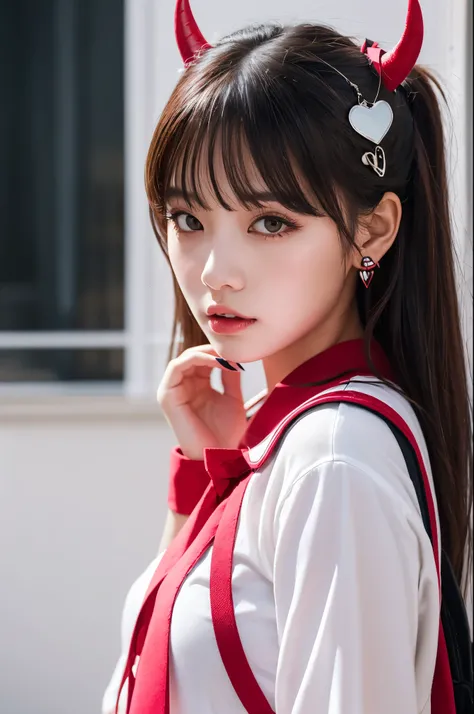 She is wearing a sailor uniform with a large red ribbon and a dark-colored skirt with pleats.。Bangs cover part of the face、She has long dark hair with blonde streaks。The character stands on a bright pink background.、Confident、But it exudes a mysterious atm...