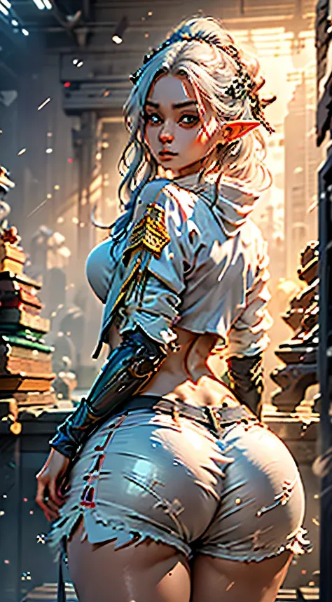 ((masterpiece, best-quality, ultra_detailed)), female elf dressed in latex booty shorts, gorgeous, attractive, african, voluptuous, ample hips, insanelydetailedaccentuatedbigbooty, ((flirty)), looking back at viewer, portrait, photography, detailed skin, R...