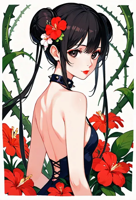 2D, pastel color, watercolor, low color saturation,
illustration, arte linear, 
Ankymoore, 1girl, bouquet, black hair, camellia, (fechado_inferior_ornament, Hair_flower, hibiscus, lipstick, makeup, by, red_flower, red_lips, red_rosa, rosa_Petals, rosa_prin...