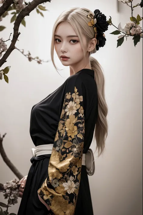 Highly detailed and elegant digital art of a young woman with pale skin and long platinum blonde hair。She wears a black dress、Intricately painted with large floral patterns in contrasting white and gold。For kimono、It is tied with a yellow and black belt、Ad...