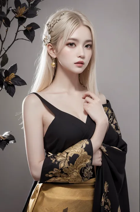 Highly detailed and elegant digital art of a young woman with pale skin and long platinum blonde hair。She wears a black dress、Intricately painted with large floral patterns in contrasting white and gold。For kimono、It is tied with a yellow and black belt、Ad...