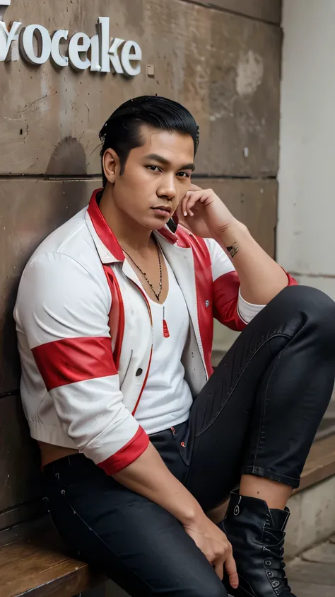 Lifestyle photography. Handsome Indonesian man, slightly overweight, slick back hairstyle. wearing a white jacket and red t-shirt, a T necklace, ripped black jeans, and black boots. He sitt relaxing and holding a apple phone, behind a clean red wall with t...