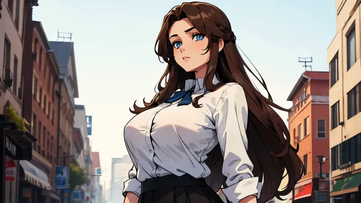 a 30 year old girl , long brown hair. blue eyes, with big breasts, revealing white shirt, and a black skirt in which you can see her panties.