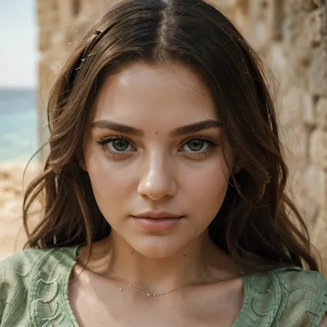 1girl,beautiful detailed eyes,beautiful detailed lips,extremely detailed face,longeyelashes,woman in a green linen dress,wavy hairstyle,looking at camera,sexy body,full body shot,Gozo Island,photo realistic,portrait,natural lighting,detailed textures,vivid...