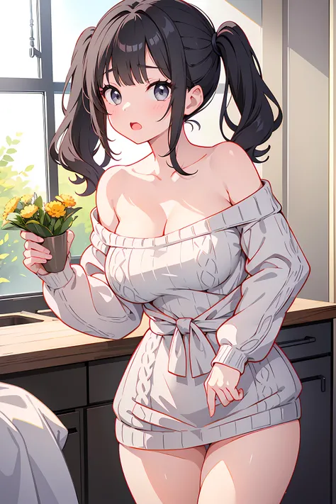 (masterpiece、Highest quality、Very detailed))、One girl、Black Hair、short hair、twintails、blunt bangs、Wavy Hair、Grey Eyes、((open mouth))、((Very large breasts))、((white sweater))、cleavage、Off the shoulder、Strapless、((Thick waist))、thighs、Standing、Kitchen Backgr...