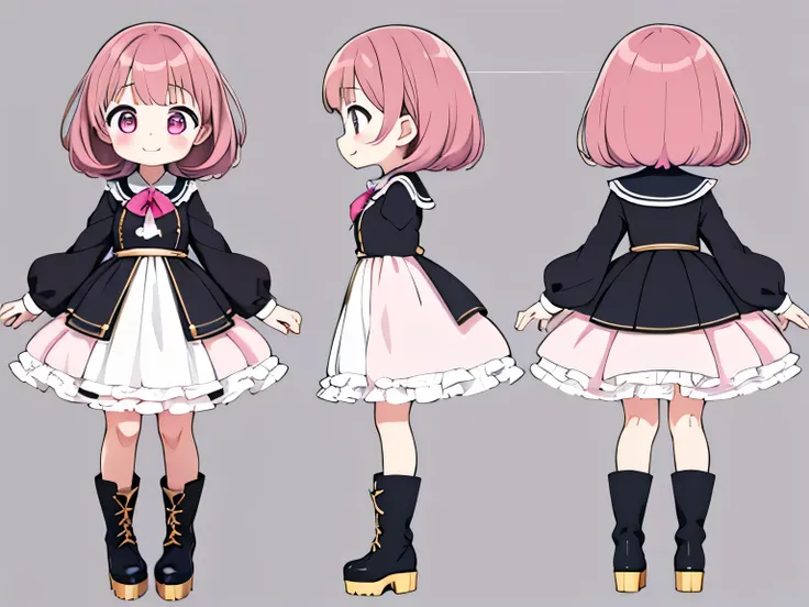 character sheet,masterpiece, highest quality, cute, cute, 1 girl, alone, mine series,黒いゴス,platform boots,pink makeup,t pose,pink...