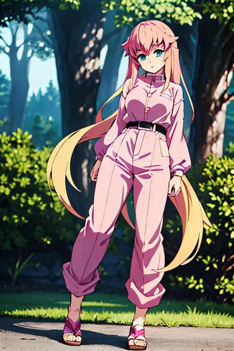 Create a full-body anime female with H cup breasts wearing pink baggy pants and a pink long-sleeved shirt. 