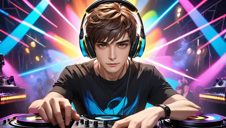 Best Quality, 8k, Physically Based Rendering, Digital Art, Octane Rendering, (Golden Ratio), (Photo Realistic: 0.6), Cool guy in the DJ booth at a disco, (Wearing Beats headphones), Detailed eyes and face, Brown eyes, Short brown hair, Long eyelashes, Blac...