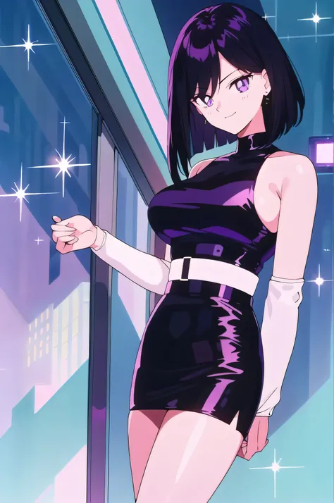 best quality, masterpiece, 1girl, looking at viewer, a black bob hair, light smile, sparkle, close face, city, purple eyes, night futurism, matrix, Woman with black leather pencil skirt, white tank top with a black leather jacket over it, a panoramic view,...