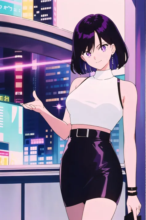 best quality, masterpiece, 1girl, looking at viewer, a black bob hair, light smile, sparkle, close face, city, purple eyes, night futurism, matrix, Woman with black leather pencil skirt, white tank top with a black leather jacket over it, a panoramic view,...