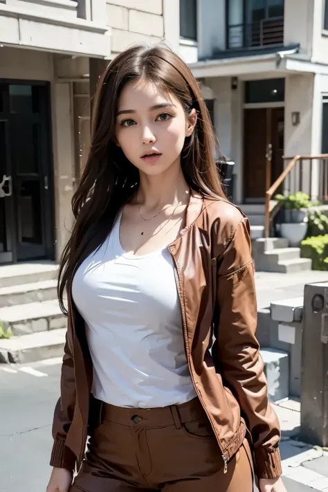 A woman is climbing the stairs of a building, Standing outside the house, writer: In front of a two-storey house, Movie costume photos, Beautiful woman wearing a brown jacket over a red sleeveless T-shirt, Brown clothes, loose brown shorts, Long sleeve bro...