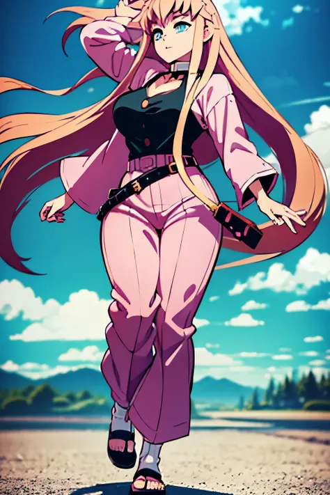 create a full-body anime female with h cup breasts wearing pink baggy pants and a pink long-sleeved shirt.