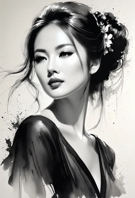 elegant maiden,Black and white水墨画,loose brushstrokes,The pen outlines delicate lines,fluid action,subtle ink tones,elegant posture,A peaceful expression,Delicate facial features,Black and white,clean