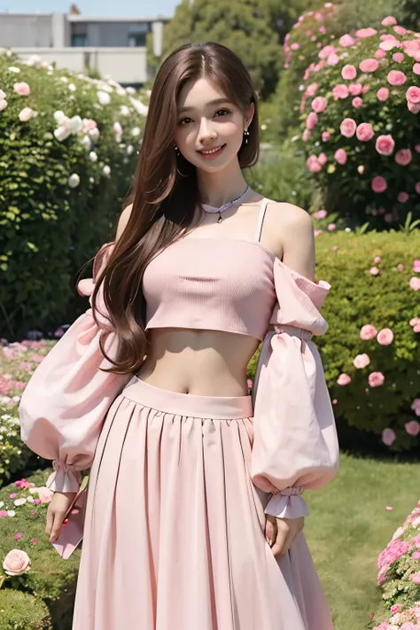 A 28-year-old woman with a slight blush and a smile,Hair clip, modern, Brown hair,  Wearing a pink doll sleeve crop top and a long skirt, 360 degree view, The background is a garden of pink roses, shoulder-length hair., Black hair