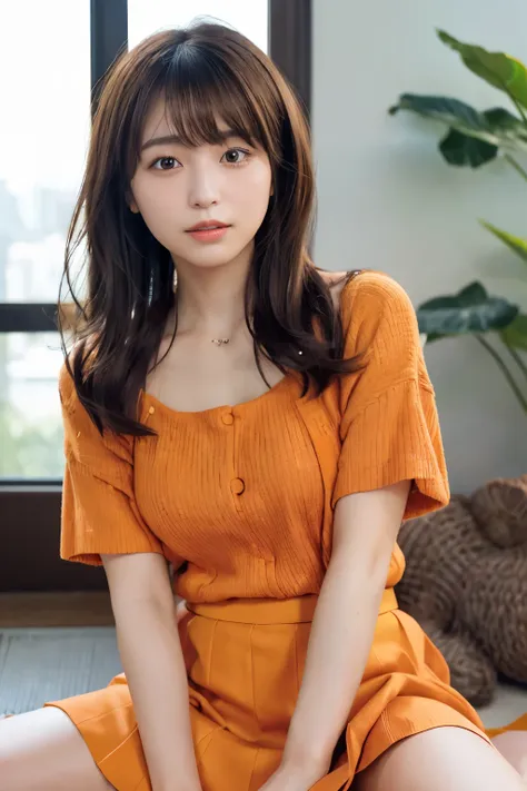 (((((Orange clothes、Skirt flipped up、Eros、The strong wind lifts up the skirt、Spread your legs))))),smile、(((whole body、Long beautiful hair、Flowing Hair、Normal chest、Scenic location、active、fun)))、masterpiece、、Best Quality、High resolution、Realistic、Bright li...