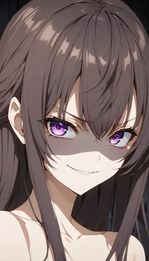 Detailed work, best quality, 4K clarity, shaded face(eys in shadow), Anime, background, , จากซีรีย์ Alya Sometimes Hides Her Feelings in Russian, Suou Yuki, long brown hair, purple eyes, ตาแบบAnime, small breasts,nude, , ,,very evil smirk,very evil smile,