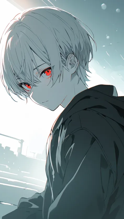 good looking, alone, 1 male, gray hair, red eyes, long sleeve, black hoodie, noon, white light,cute目,short hairstyle,cute,fallin...