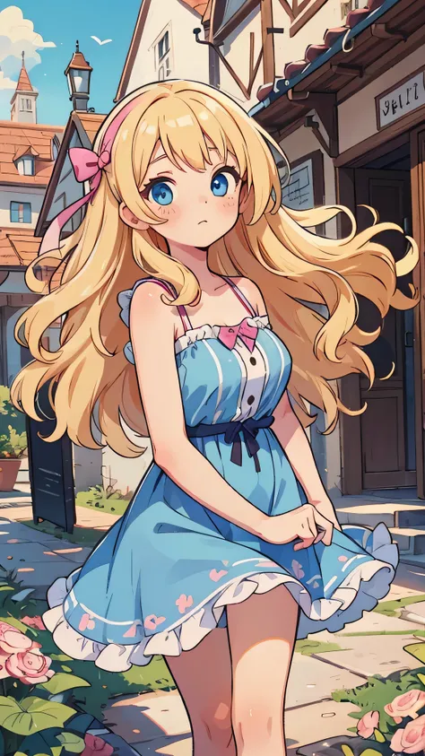 a woman in a medieval city, wavy blonde bust-length hair with ribbons, modest breasts, blue eyes, moe, long pink sheer sundress