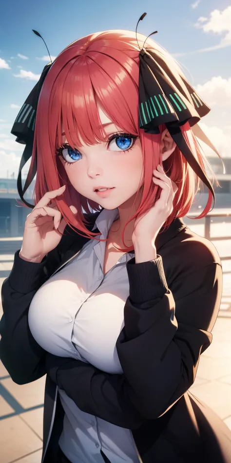 Beautiful girl is happy and looking at the viewer,nakano nino, pink hair, butterfly hair ornament, black cardigan, saia verde, meias brancas ,sorriso leve, medium breasts, saia verde, uniforme escolar, pose fofa,anime, (itsuk Nakano), (Gotoubun no Hanayome...