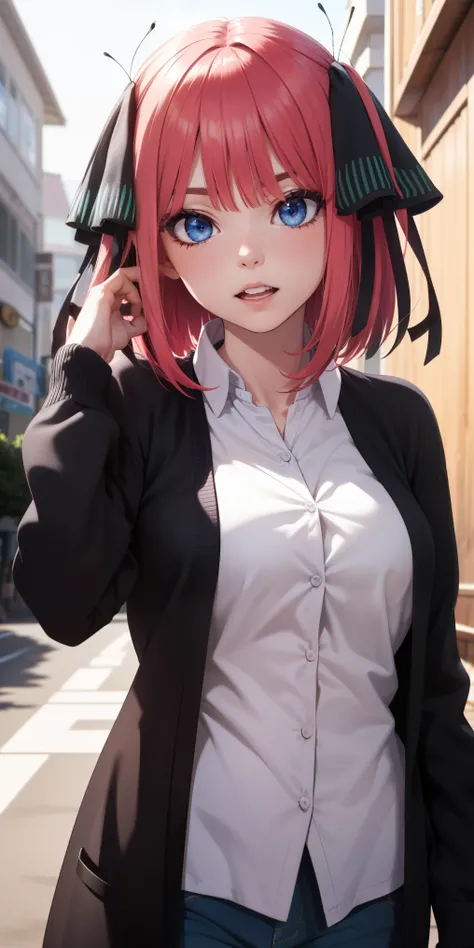 Beautiful girl is happy and looking at the viewer,nakano nino, pink hair, butterfly hair ornament, black cardigan, saia verde, meias brancas ,sorriso leve, medium breasts, saia verde, uniforme escolar, pose fofa,anime, (itsuk Nakano), (Gotoubun no Hanayome...