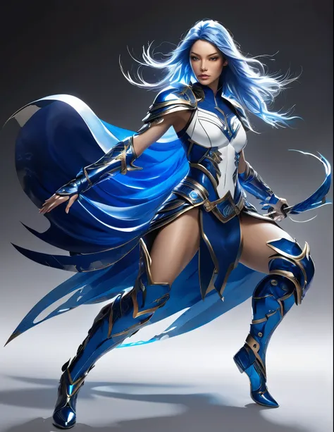 Fierce beauty with cascading raven hair streaked with electric blue, eyes shifting between deep ocean calm and stormy intensity; a prominent scar across her left cheek hints at past battles. Athletic build clad in a sleek, modern interpretation of traditio...