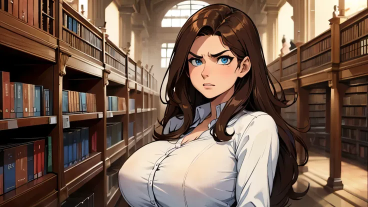 a 30 year old girl , long brown hair. blue eyes, with big breasts, revealing white shirt, She is very angry in a library.