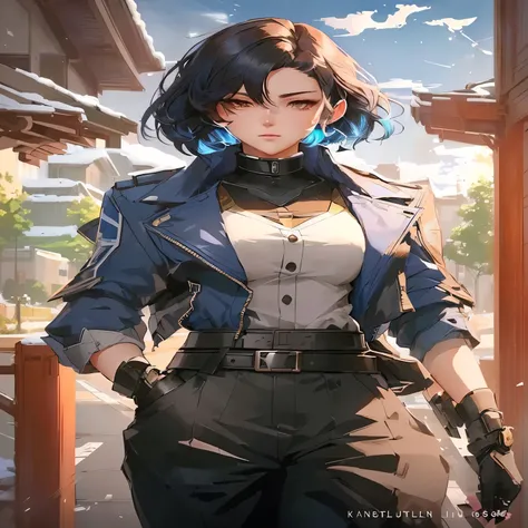 a woman in a blue jacket and black pants standing in front of a building, delicate androgynous prince, detailed anime character art, short dark haired woman with blue undercolor, female protagonist 👀 :8, kantai collection style, artwork in the style of guw...