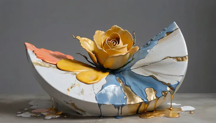 ((show，Still Life Table，Artistic statues，3D Sculpture，ceramics，Surface cracks，Shattered Texture)), Show the beauty of nature.Kaneko，Golden powder， Emphasize its artistic quality.
