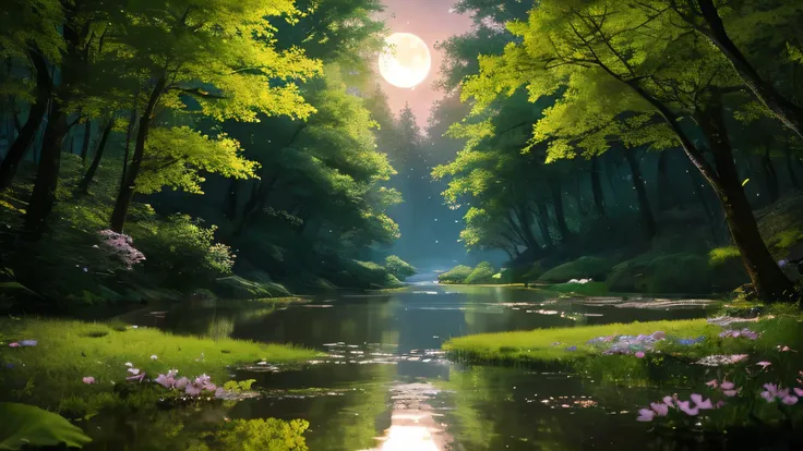 forest、evening、full moon、A stream flows、Beautiful flowers々is in full bloom、Fantasy、A soothing and sleep-inducing atmosphere、Mysterious、You can see the starry sky、firefly、Beautiful small flower、Painterly、Cinematic、Cinematic、High image quality、8k。