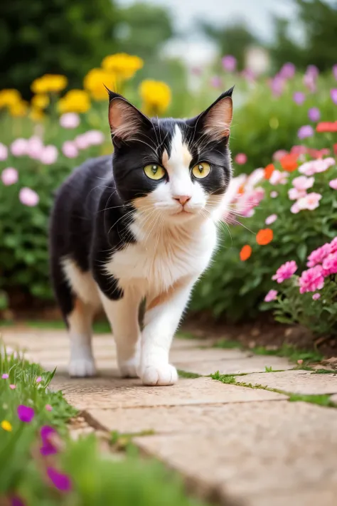 a calico cat walking among flowers in a garden, professional photography, cat looking at camera, blurred background