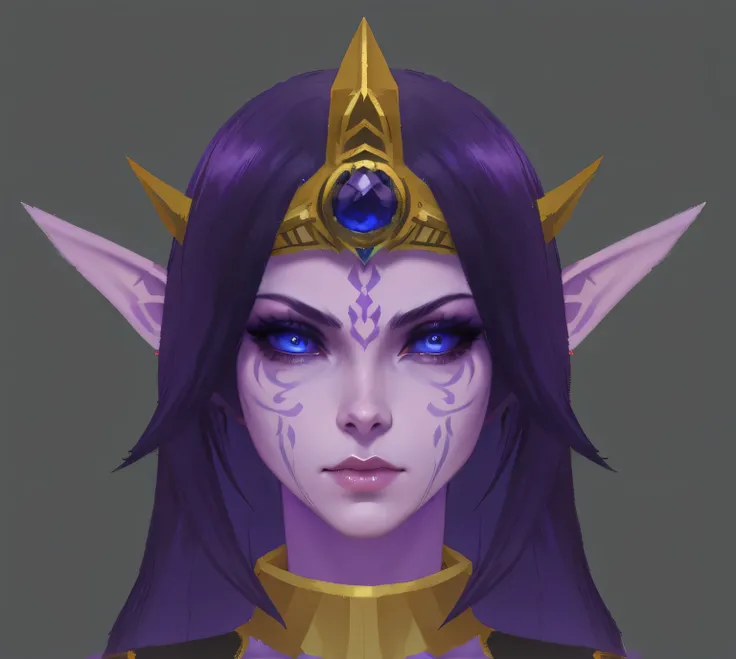 Close-up of a woman with purple hair and a crown, Portrait of a female elven warlock, Half-elf woman, Dark Elf Princess, Portrait of the Elf Queen, Portrait of a female mage, portrait of zelda, Sylvanas Windrunner, byKieran Yanner, Drawn in arcane style, U...