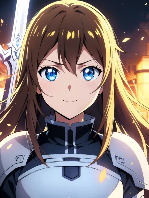 (high-quality, breathtaking),(expressive eyes, perfect face) 1girl, female, solo, portrait, Sword Art Online Alicization Art Style, Alicization,sao anime style, Symmetrical Eyes, simple background, gentle smile, medium hair, fluffy hair, fantasy outfit, SA...